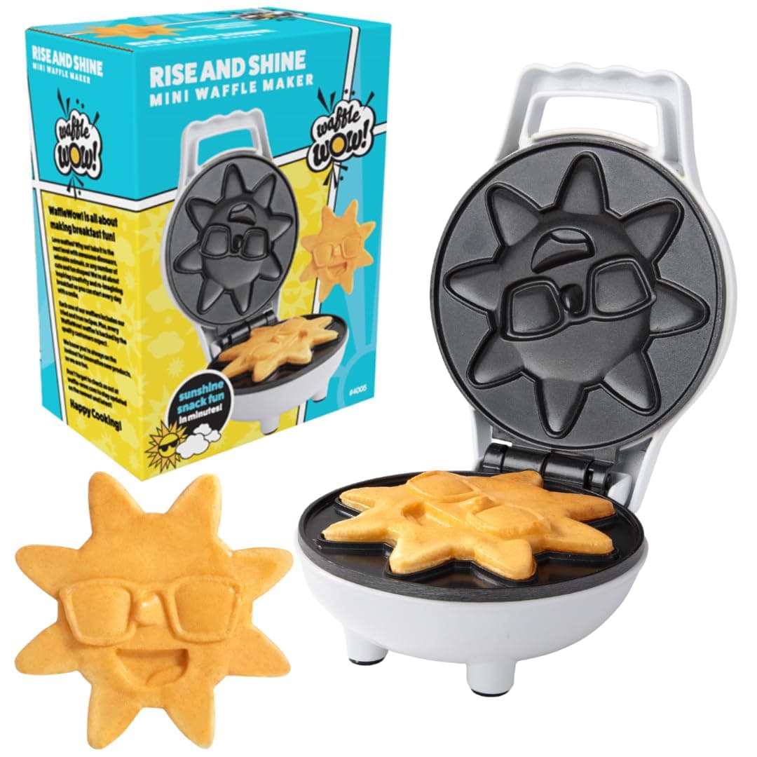 Rise & Shine Mini Sun Waffle Maker- Mothers Day Brunch Supplies or Gift, Personal-Sized 4" Sunshine Smile Individual Waffles for Kids Adults- NonStick Electric Iron- Breakfast Pan Cake, Morning Fun