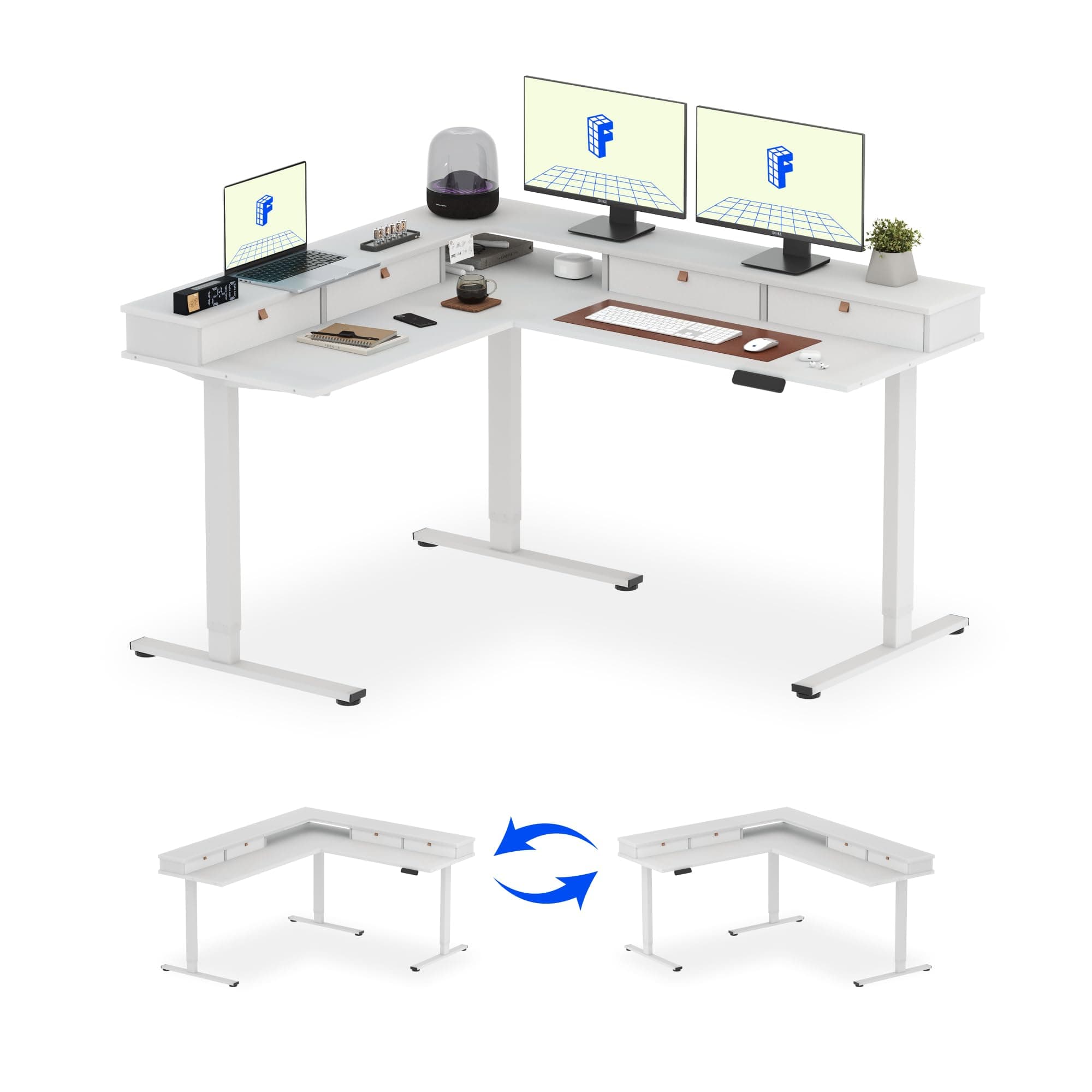 FLEXISPOT 63" L Shaped Standing Desk with Shelf Electric Corner Table, Drawers, Adjustable Computer Workstation for Home, Office,63x55in, White Top + White Frame