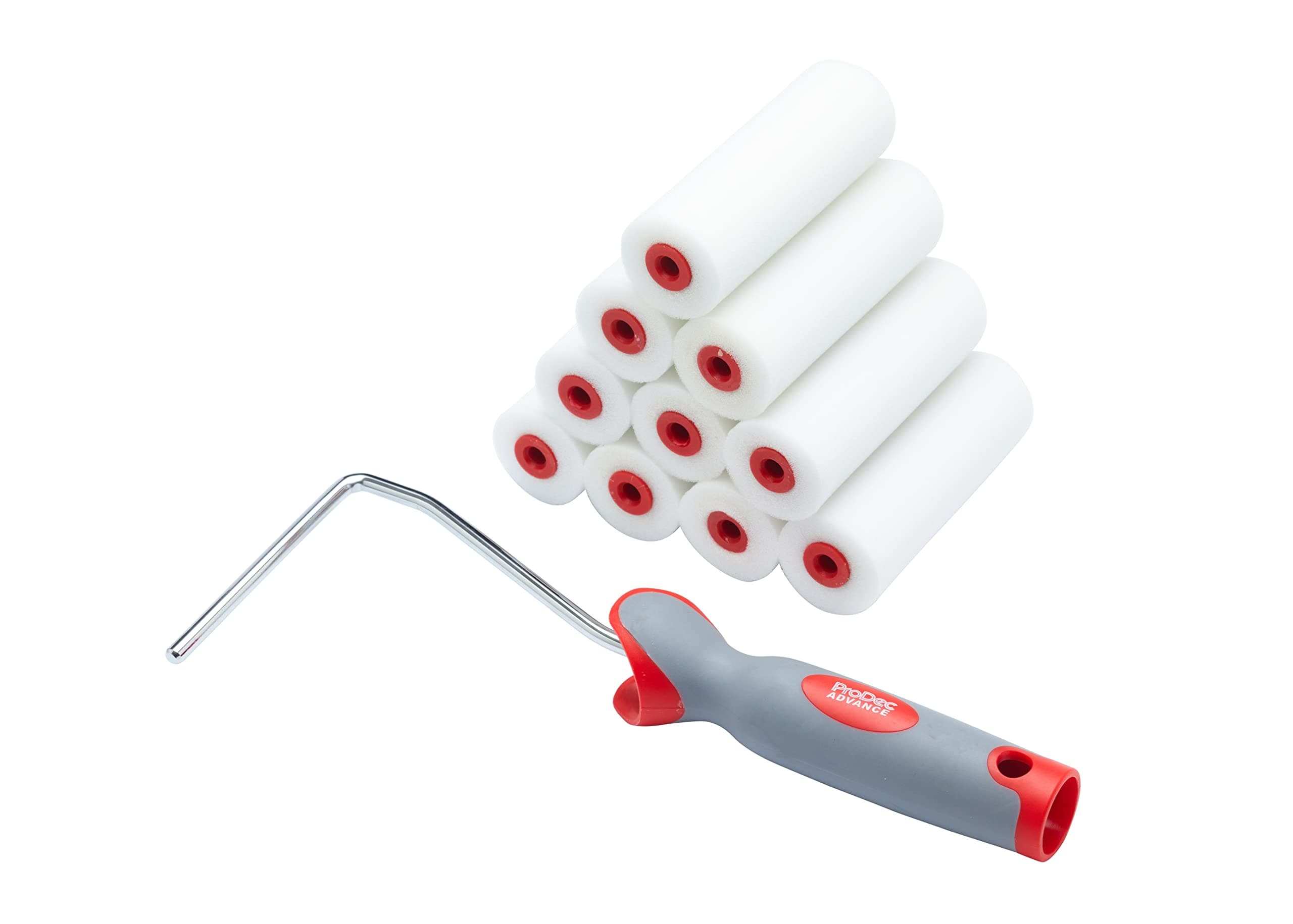 ProDecPRRF001 High Density Foam Mini Paint Rollers and Frame for a Smooth Finish with Gloss and Satin Paints on Skirting Boards, Window Sills, Panel Doors, Cabinets, Metal and More, 4", White