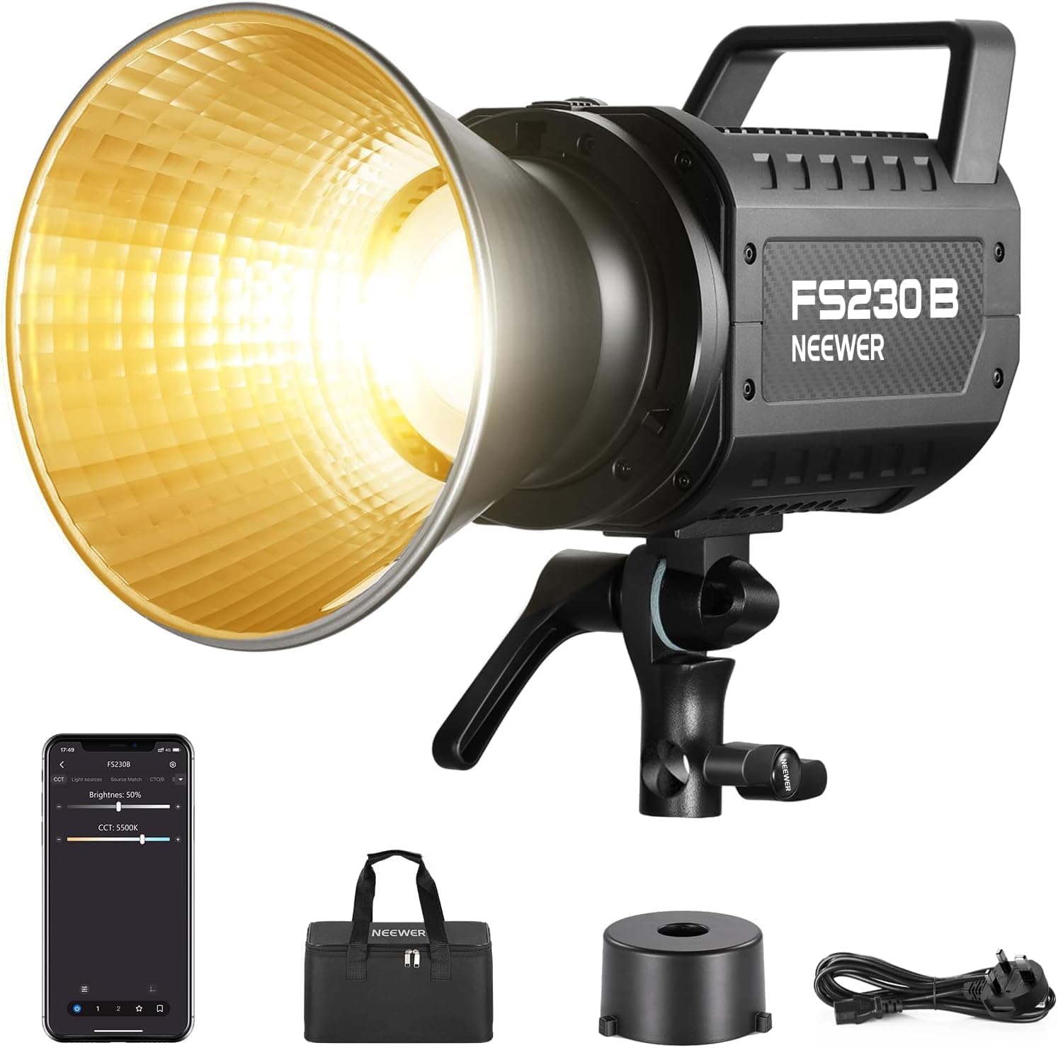 FS230B LED Video Light 2.4G/APP Control, 230W Bi Color COB Silent Photography Continuous Output Lighting with 4 PWM Dimming Types, 110000lux/m, 2700K-6500K, CRI 97+, 12 Scenes, Bowens Mount