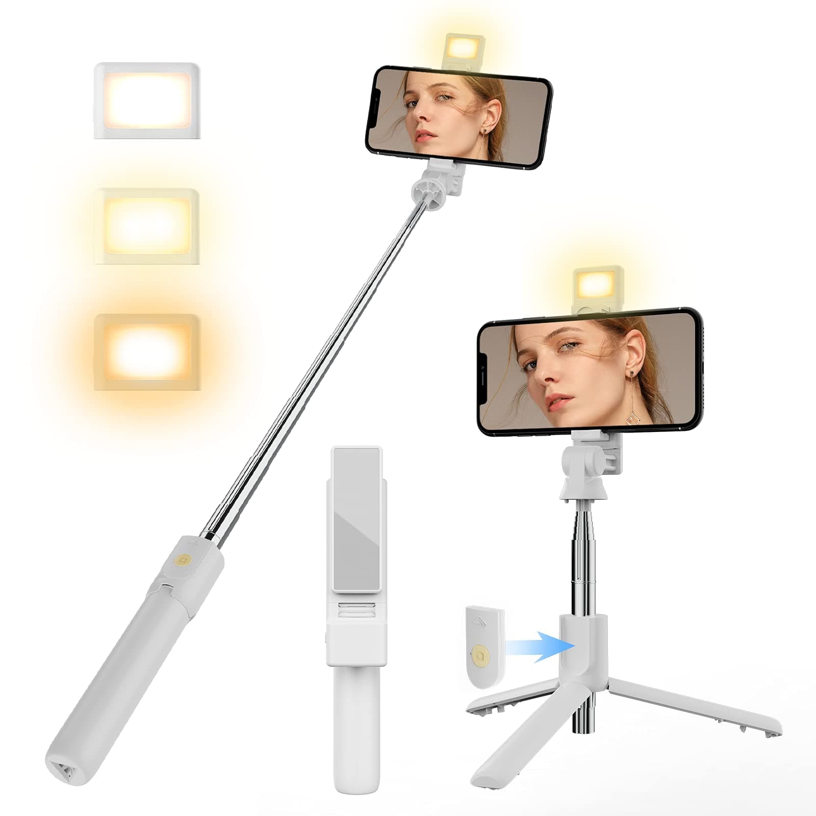 ACEHE Selfie Stick for iPhone Wireless Bluetooth Tripod Selfie Stick with LED Light Detachable Remote 360 Rotation Compatible with iPhone 13/13 Pro/12/11/XR/X/Pro Max/Mini, Android Smartphone -White