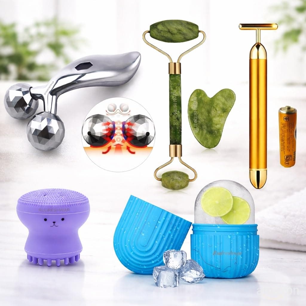 Face Massager Jade Roller & Gua Sha Tool 100% Natural Stone, 3D Manual Body Massager, T Shape Gold Energy Beauty Bar Vibration Facial Massager. Ice Roller Face Massager, Octopus Brush