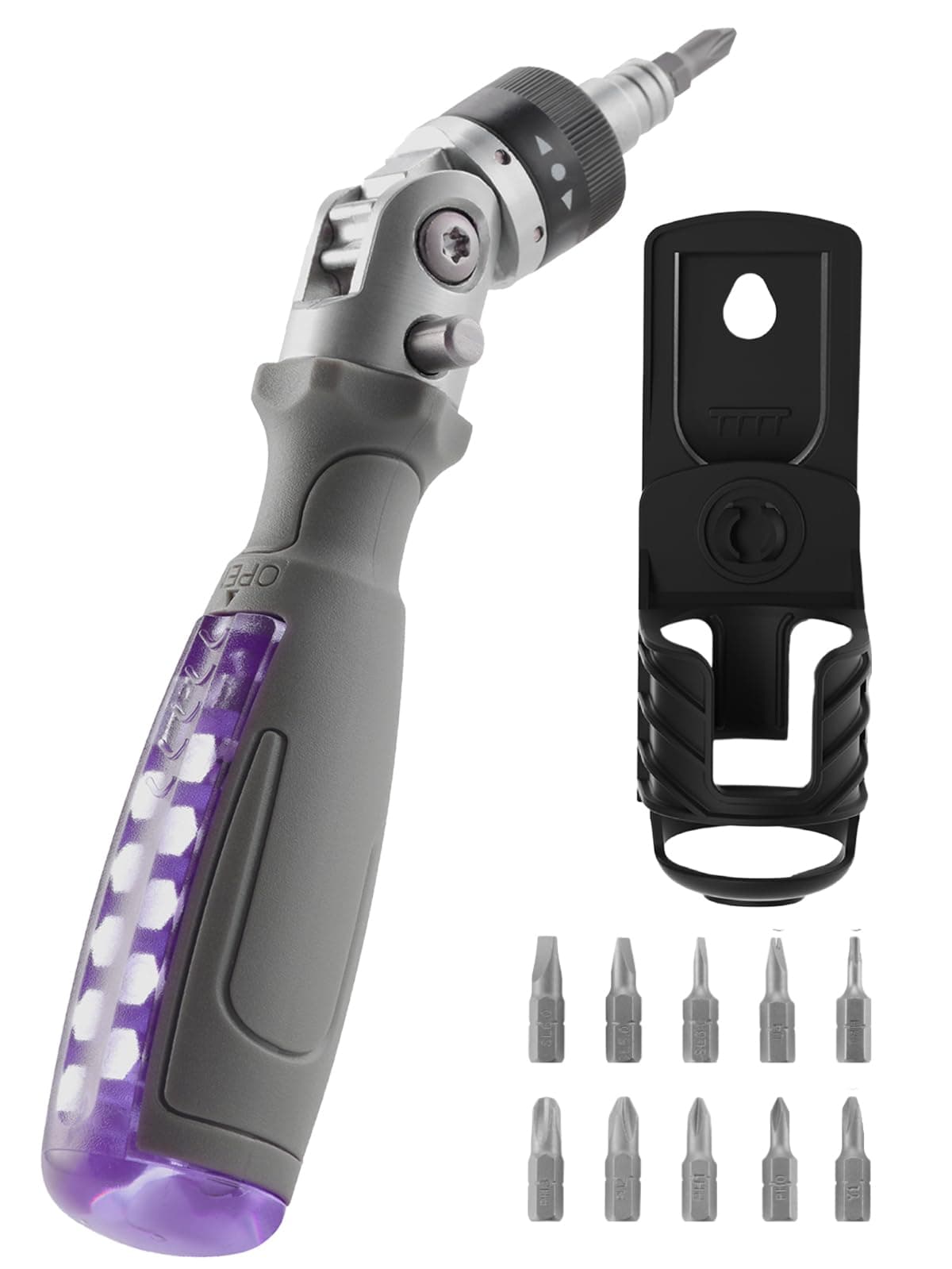 FantastiCAR 12 in 1 Ratcheting Screwdriver, Multi-function, Magnetic, with Rotatable Batch Head and Plastic Support Bracket (Purple)