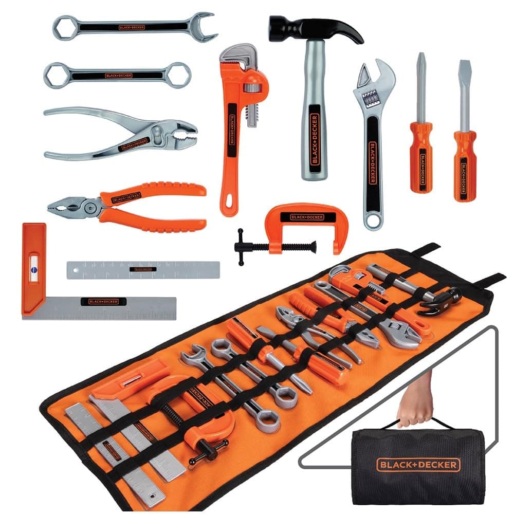 Black+Decker Kids Tool Bag Set 13-Piece Junior Roll Up Bag Pretend Play Tools, Hammer, Phillips Screwdriver, Pliers, Adjustable Wrench & More! for Boys & Girls Ages 3+