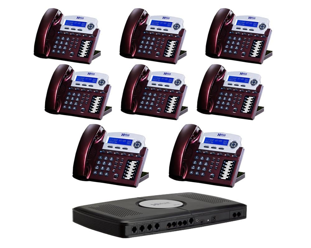 X16 6-Line Small Office Phone System with 8 Red Mahogany X16 Telephones - Auto Attendant, Voicemail, Caller ID, Paging & Intercom