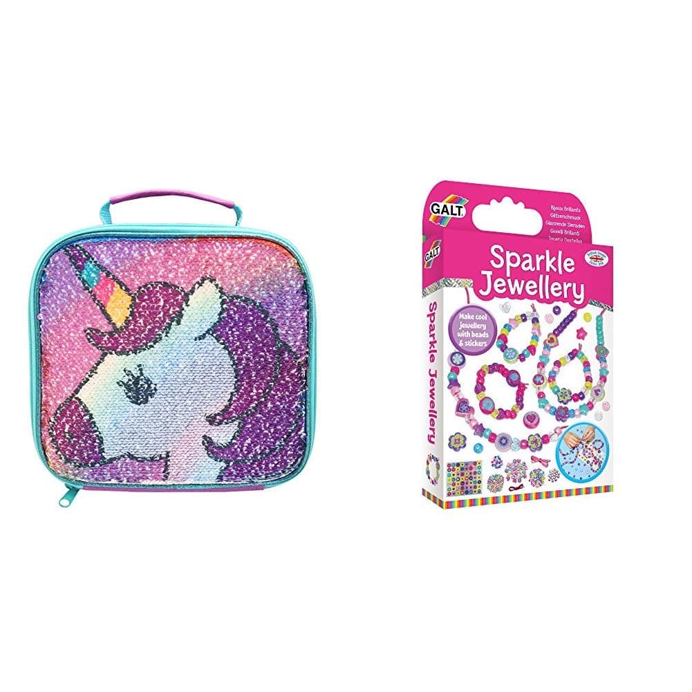 Polar Gear Unicorn Sequin Lunch Bag, Polyester Multi-Colour, 8 x 23 x 21 cm & Galt Toys Sparkle Jewellery