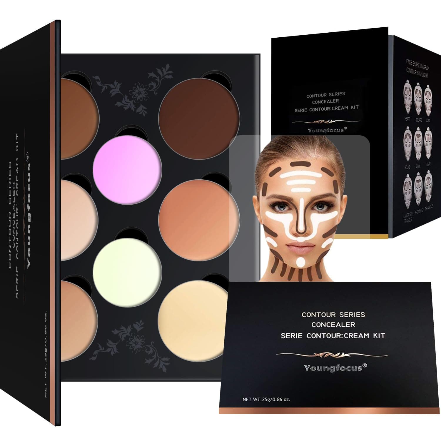 Youngfocus Cosmetics Cream Contour Highlighter Makeup Palette, Best 8 Color Blendable Bronzer Contour Kit, Vegan Cruelty Free Hypoallergenic Face Sculpting Makeup for Beginners