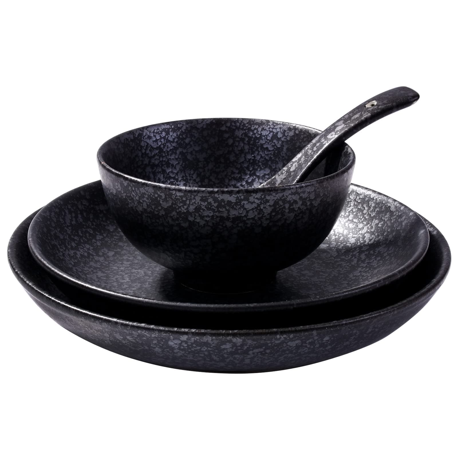 4-Piece Ceramic Dinnerware Set, Plate, Dish, Bowl, Spoon, Japanese Hand-painted Tableware set, A Good Tableware (Black)