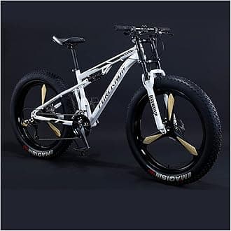 Mountain Bikes Men 26 Inch Adult Fat Tyre Mountain Bike with Full Suspension, High-carbon Steel Large Frame Dual Disc Brake Giant Bicycle,White 3 Spoke,7 Speed