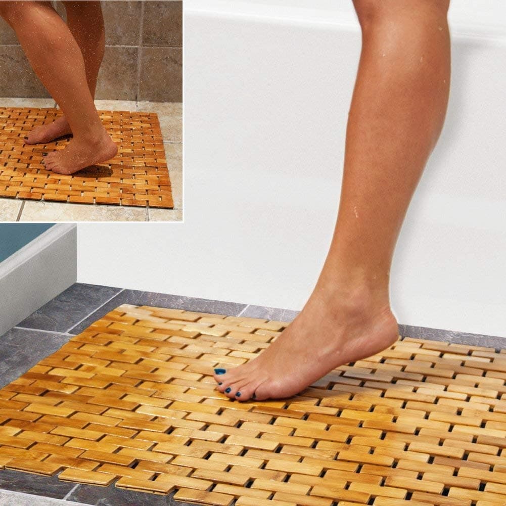 HANKEY Multipurpose Bamboo Bath Mat For Shower Spa Sauna with Non Slip Feet | Indoor Outdoor Use for Kitchen Bedroom Bathroom Toilet Doormat Pet Mat | 60 x 40 cm (23.6 x 16)
