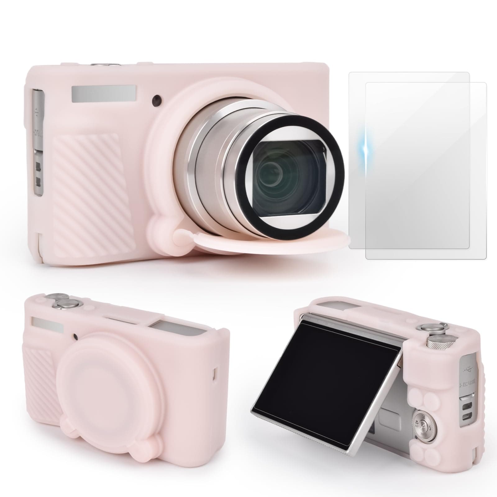 SX740 Camera Case Accessories Set[with 2 LCD Tempered Films],Silicone Protective Case Compatible with Canon PowerShot SX730 SX740 HS Digital Camera - Jelly Pink