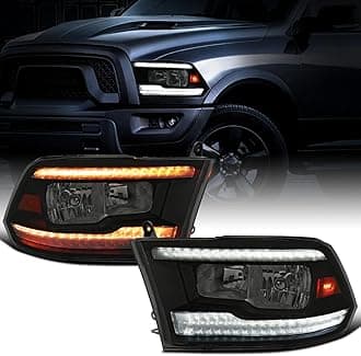 Ronnin - Fits 2009-2018 Ram 1500 2500 3500 2019-2024 Ram 1500 Classic Halogen Headlights LED Switchback Sequential Signal + Animated Startup Effect Parking Assembly Pair | Black Smoke