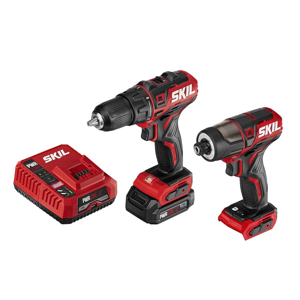 2-Tool Drill Combo Kit: PWR CORE 12 Brushless 12V 1/2" Cordless Drill Driver & Brushless 1/4" Hex Cordless Impact Driver, Includes 2.0Ah Lithium Battery & PWR JUMP Charger - CB742901, Red