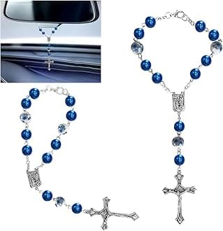 2PCS Car Rosary for Rearview Mirror, Blue Ceramic Beads Pendant Car Interior Rear View Mirror Charm Auto Decor, Medal and Cross Hanging Accessories for Women Men