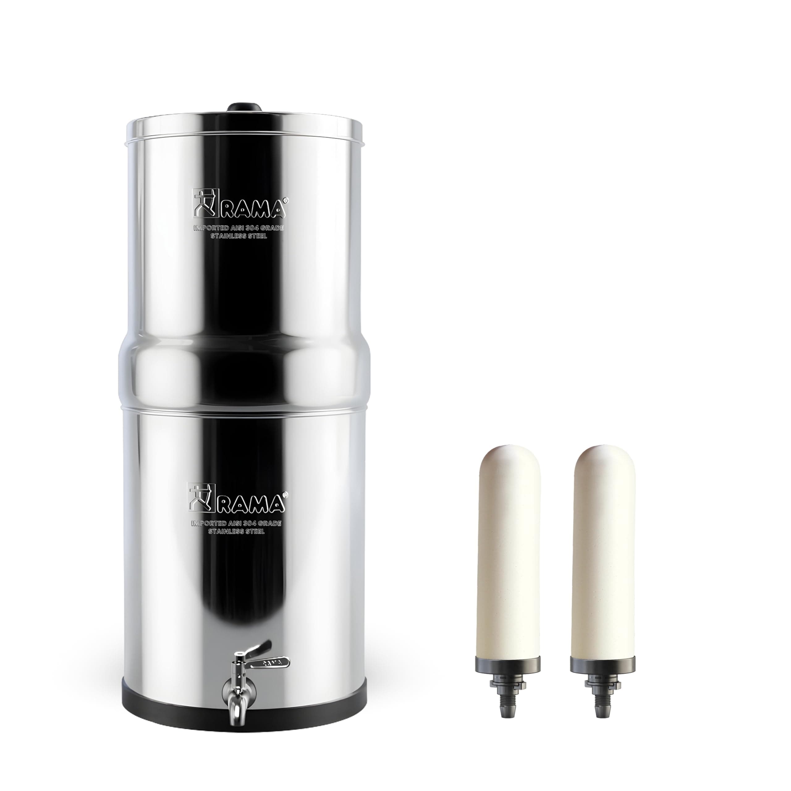 RAMA Gravity Water Filter | 17L Total Capacity (8L Storage) | 304 Stainless Steel Non-Electric Water Purifier Filter for Home | Includes 2 Spirit 7" Ceramic Candles & Steel Tap | 10-Year Warranty