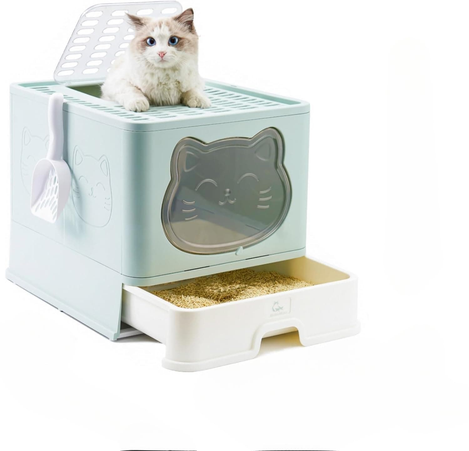 PSK PET MART Fully Enclosed Litter Box with Lid, Foldable Extra Large Cat Toilet, Drawer Type Litter Tray with Plastic Scoop, Suitable for Under 17.6Ib(8kg)