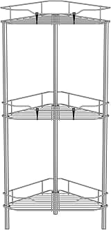 HuggieGems 3 Tier Floor Standing Corner Shower Caddy Organizer Shelf with Hooks, Bathroom Shelves Stand Rack, Gray