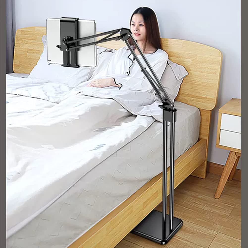 2 in 1 Tablet Stand Holder Adjustable for Bed Desk Phone Stand Holder Floor Stand for 4.6-11.9'' iPad, iPhone, Samsung Galaxy Tablet Black