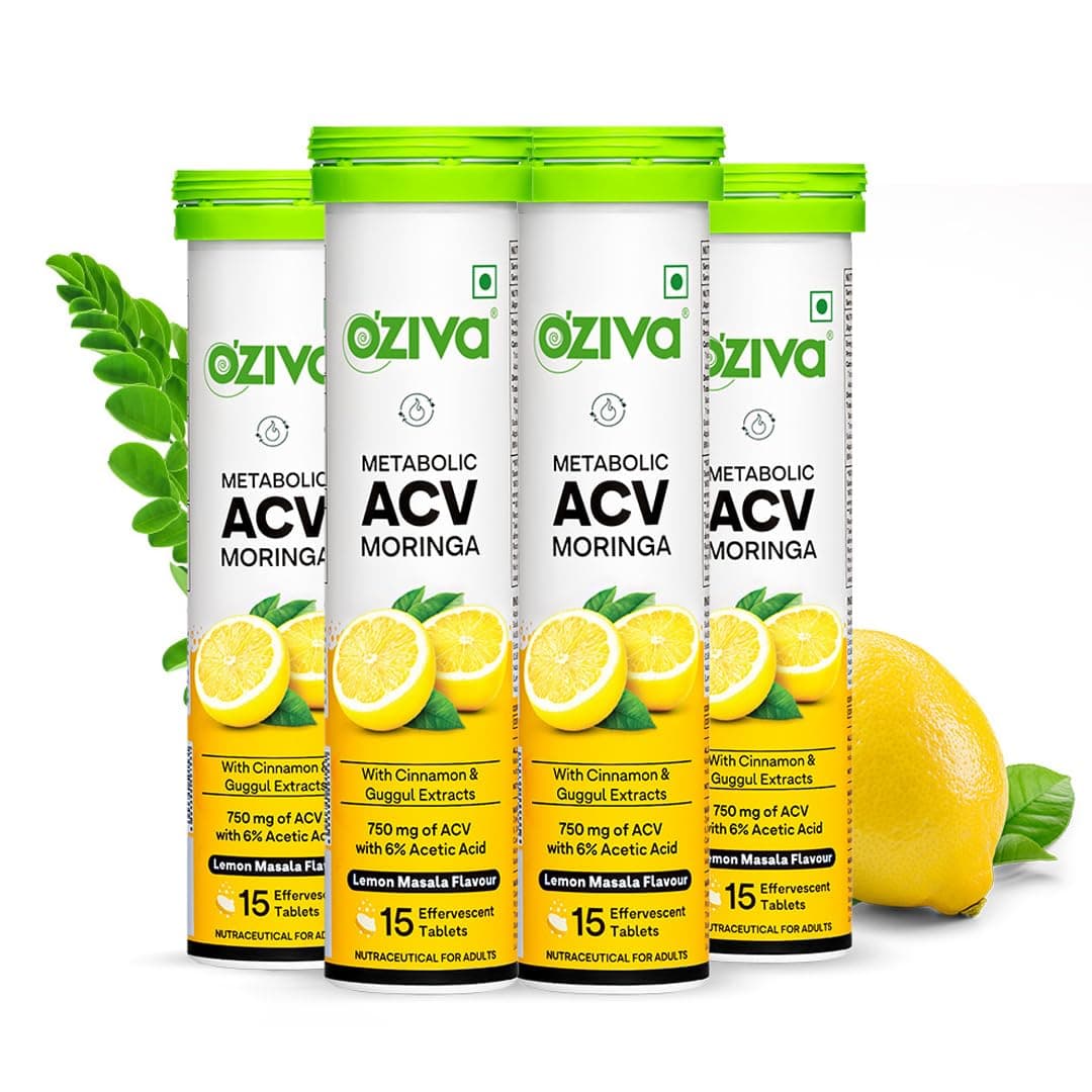 OZiva ACV Moringa | Control Cravings I Apple Cider Vinegar, Cinnamon, Guggul I No Maltodextrin & No Added Sugar I 15 Effervescent Tablets - Lemon Masala, Pack of 4 (60 tablets).