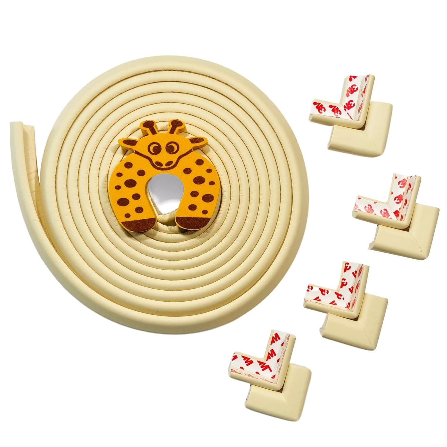 BabySafeHouse Edge Guard and Corner Protector – Extra Long 19ft (16.5ft Edge + 8 Pre-Taped Corner Guards) and Giraffe Shape Door Stopper (Beige Color) for Baby Proofing & Child Safety