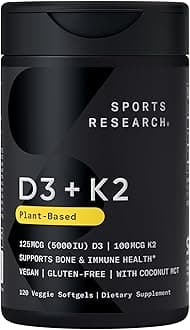 Sports Research Vitamin D3 with K2 Softgels - Plant Based K2 & Vegan D3 5000iu with Coconut MCT Oil - Vegan Certified, Soy & Gluten Free - 120 Count