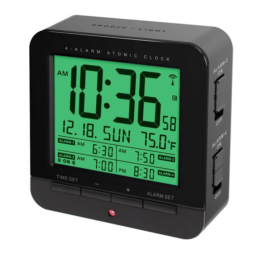 Four Alarm Atomic Clock With Auto Nightlight And Smart Touch-Activated Snooze & Backlight Function (BLACK)