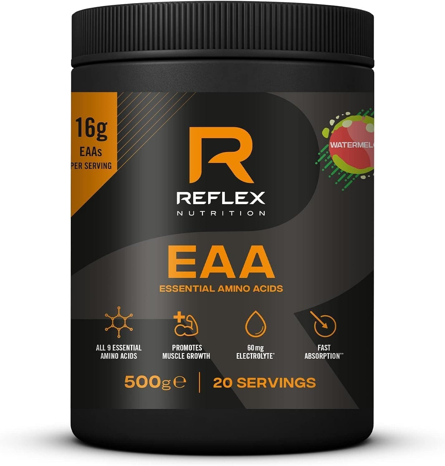 Reflex Nutrition EAA - Complete Essential Amino Acids - 16g EAAs with BCAAs, Vitamin B6, Electrolytes - Full Spectrum Amino Acids Powder for Muscle Growth & Recovery (Watermelon, 500g, 20 servings)