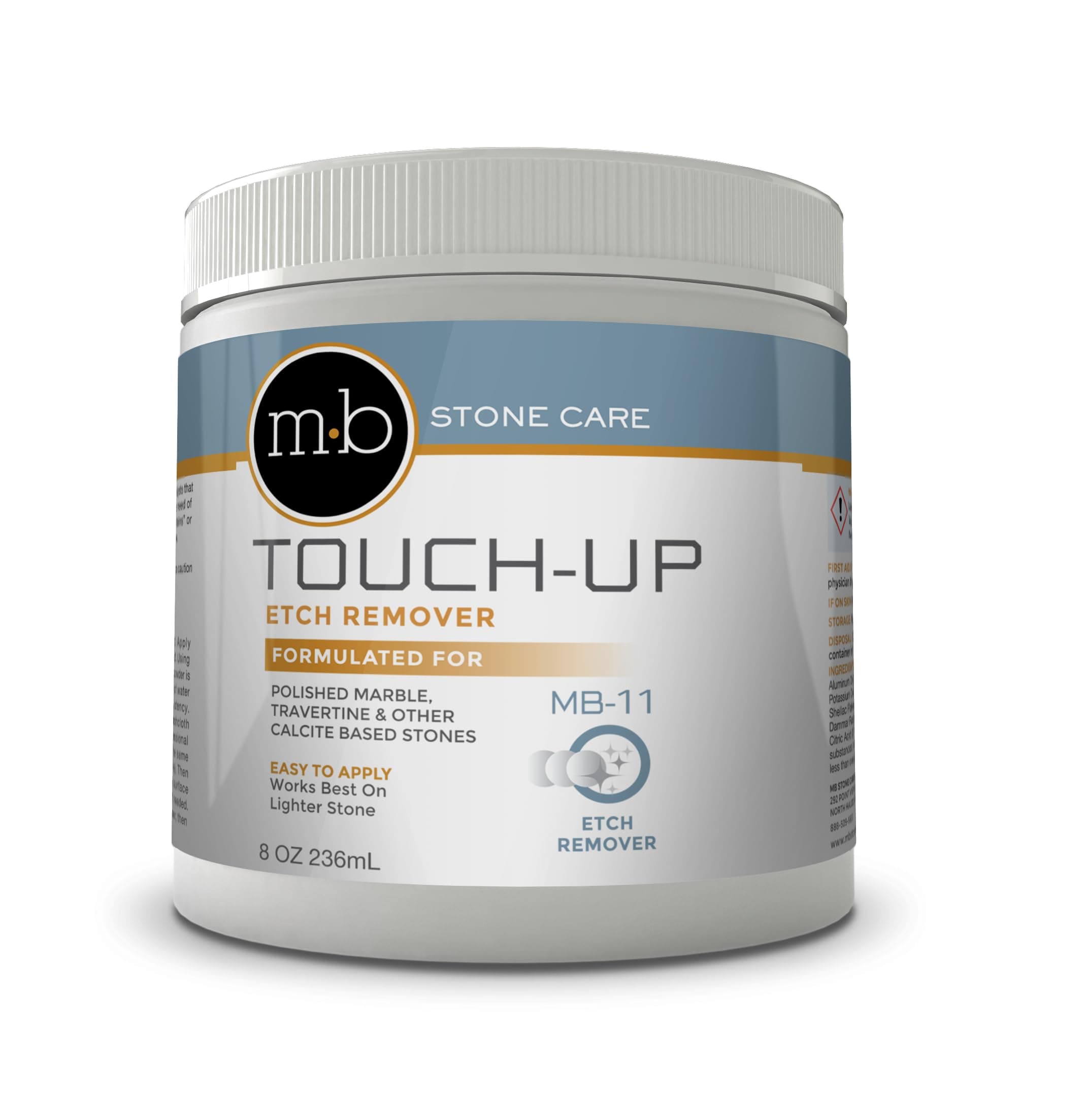 MB Stone MB-11® Touch-Up Etch Remover Marble Polishing Powder for Light to Medium Etches Only, use with Neutral Colored Calcite-Based, not for Matte or Dark Stone, 8 oz Can