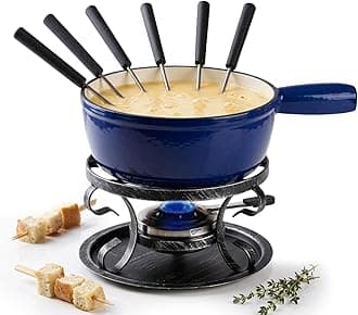 Artestia Swiss Traditional Cast Iron Cheese Fondue Pot Set, Cast Iron Fondue Set for Cheese, Meat & Chocolate (Blue)