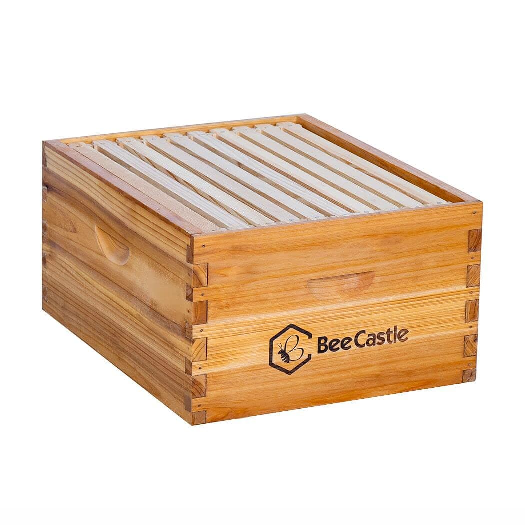 BeeCastle Heavy Wax Coated Unassembled Langstroth Deep/Brood Box with Frames and Beeswax Coated Foundation Sheet (10 Frame)