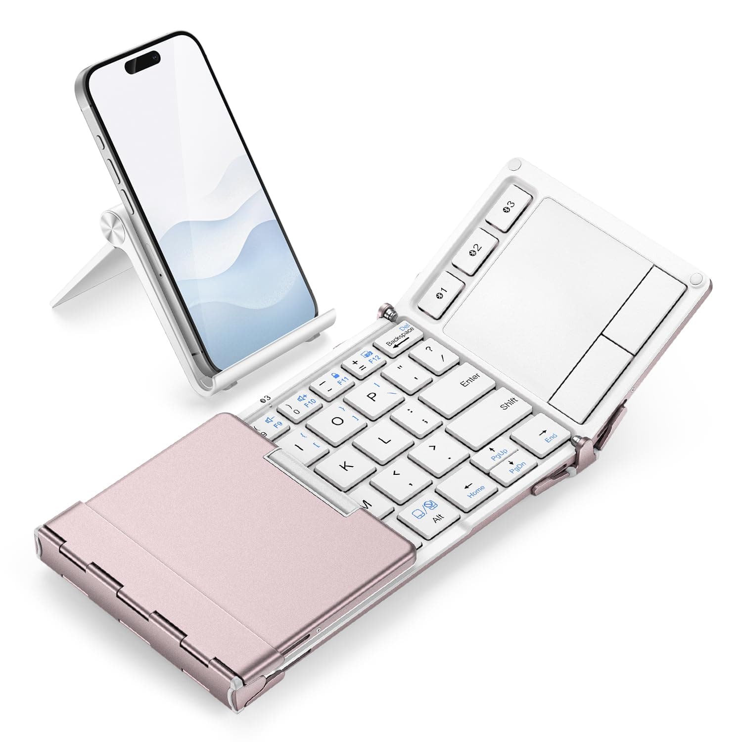 iClever Bluetooth Keyboard with Touchpad, Foldable Keyboard, Metal Body, Gesture Support, USB-C Charge, Pocket-Size Wireless for Travel, iPad, iPhone, Android, Windows, Pink White