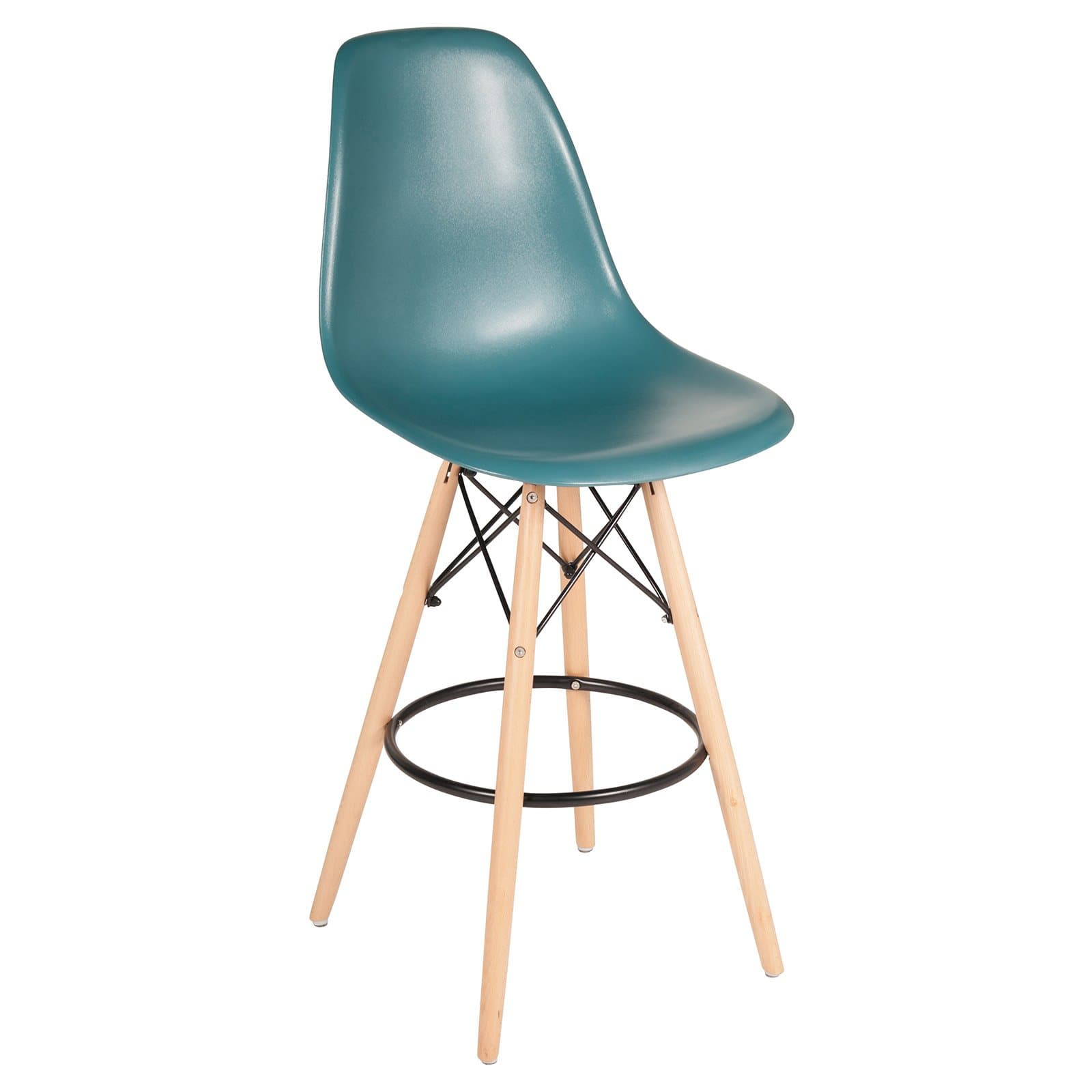Eames Style Counter Stool, Teal w/Tall Wooden Base