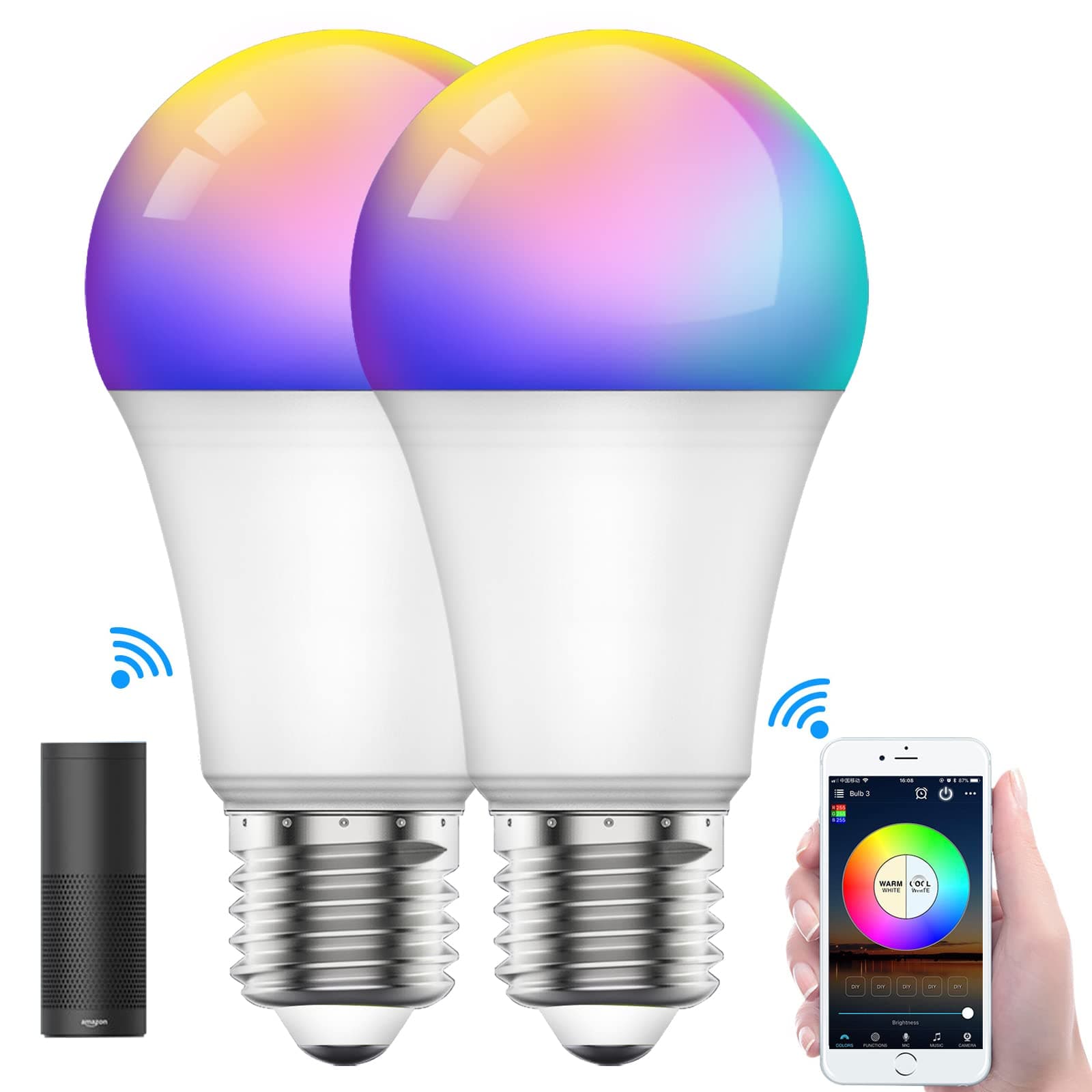SKY-TOUCH 2Pcs Smart Led Bulb E27 Remote Control Color Adjustable Light Works With Amazon Alexa/Echo Google Home/Assistant, 190V/240V, 10W, 800 Lumens