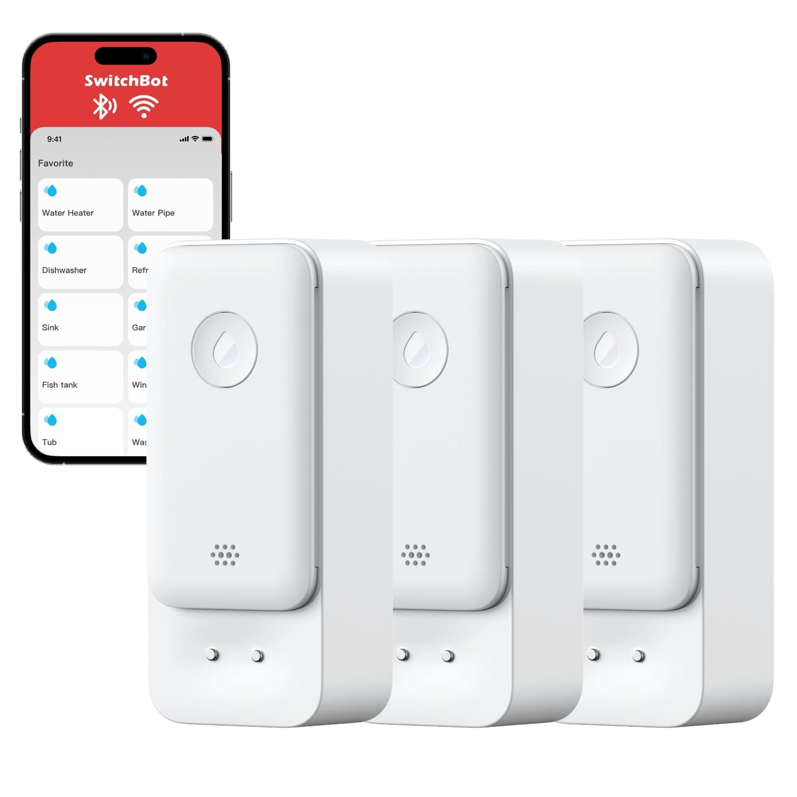 SwitchBot WiFi Water Sensor No Hub Ruiqred 3Pack, Smart Water Leak Detector 100dB Adjustable Alerts & App Alerts, IP67 Waterproof, Wireless Detector for Kitchen, Bathroom, Basement (Support 2.4G Only)