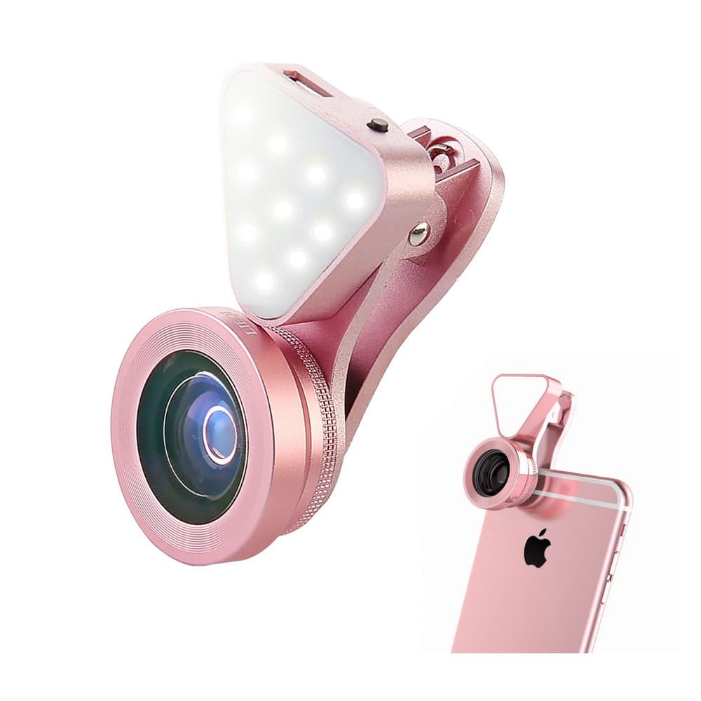 3 in 1 Camera Lens with Fill Light,Clip-on Lens Kit with Selfie Ring Light, 140°Wide Angle, 15X Macro Lens Clip-on Cell Phone Camera Lenses Kit for iPhone iPad Android Smartphones (Pink)