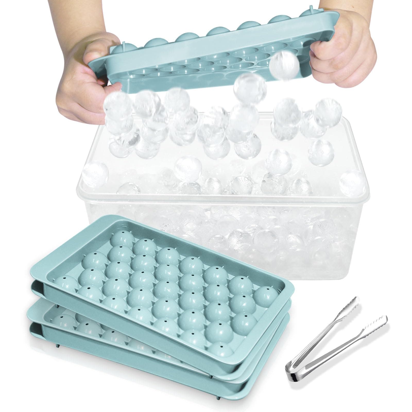 WIBIMEN Mini Ice Cube Tray Balls, Round Ice Ball Maker Mould for Freezer,1.2in X 99PCS Circle Sphere Ice Chilling Cocktail Whiskey Tea Coffee (3Pack Blue Ice Bin&Ice tong)