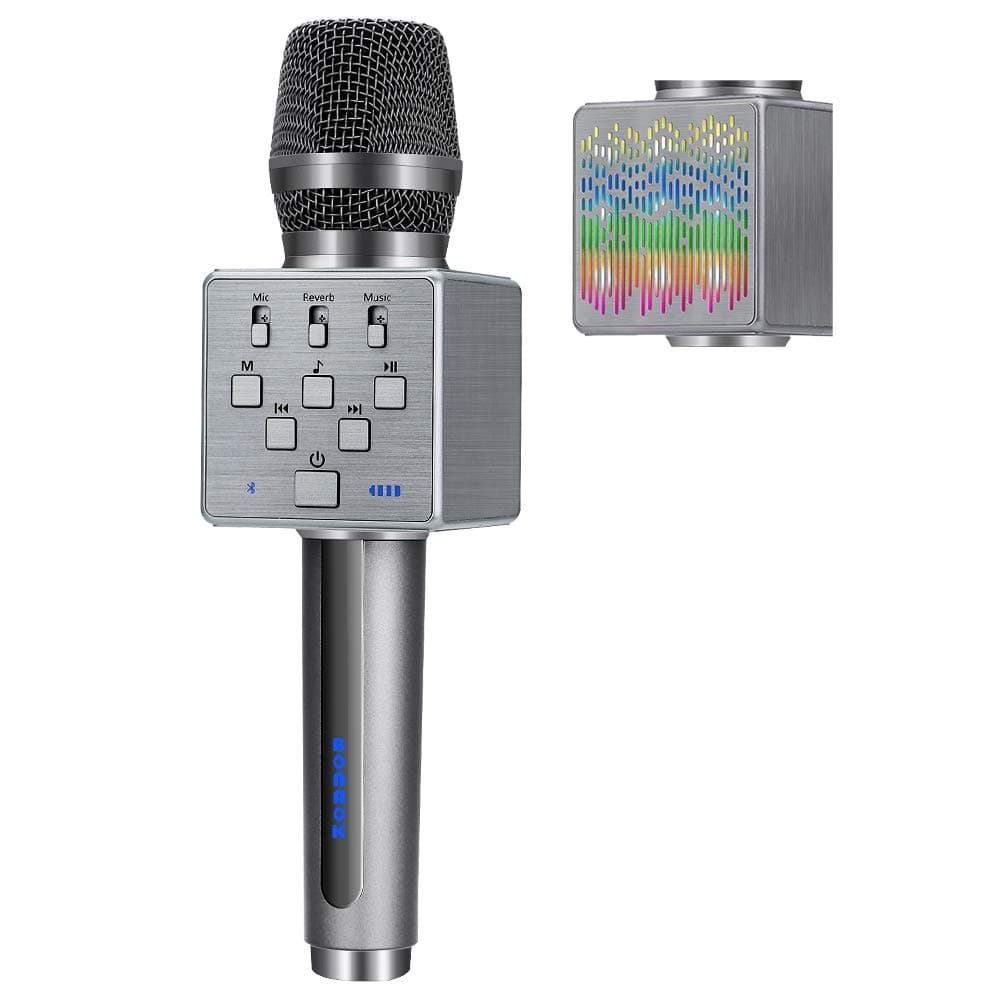 BONAOK 2019 Upgraded Karaoke Bluetooth Wireless Microphone with Controllable LED Light, Portable Rechargeable Karaoke Speaker Machine for Christmas/New Year/Party/Home/Birthday(Gray)