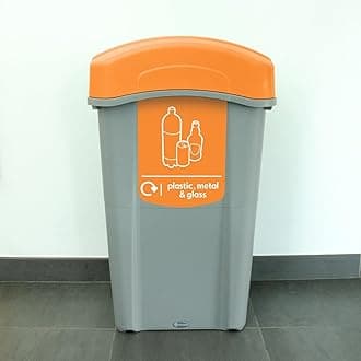 Eco Nexus 85 Plastic, Metal & Glass Recycling Bin (Grey, Orange Sticker) – 85-Litre Mixed Waste Bin with Narrow Footprint – Slim Indoor Recycling Container