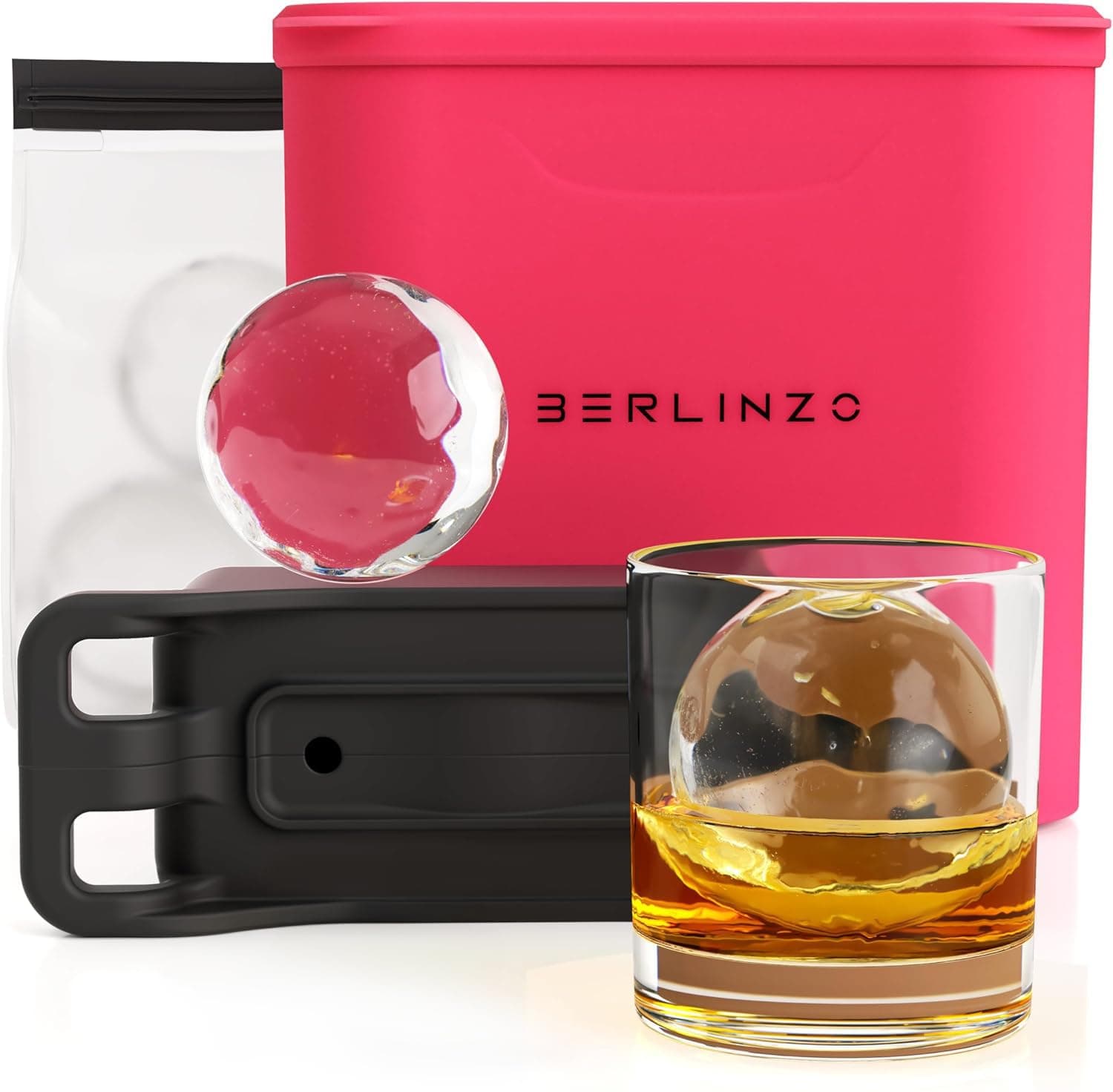 Berlinzo Premium Clear Ice Ball Maker Mold - Large 2.4-inch Crystal Clear Ice Balls for Whiskey Cocktail-New Easy-to-Remove Ice Sphere Mold - Storage Bag Included, Hibiscus (Non-Electric)