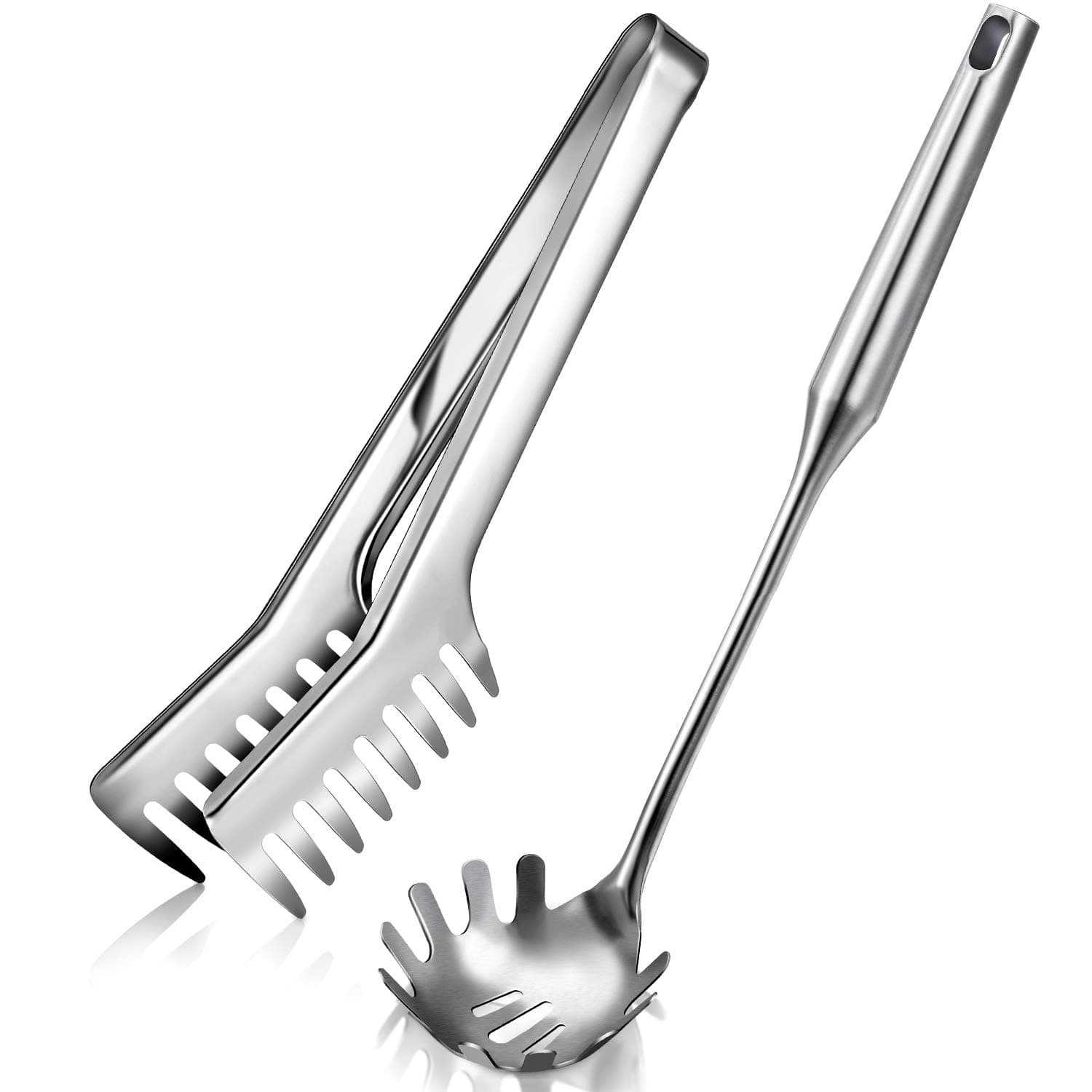 2 Pieces Spaghetti Spoon Large Pasta Server Utensil, 9.4 Inch Stainless Steel Pasta Tong and 13.6 Inch Pasta Fork with Vacuum Handle, Comfortable Grip Design Spaghetti Server for Kitchen