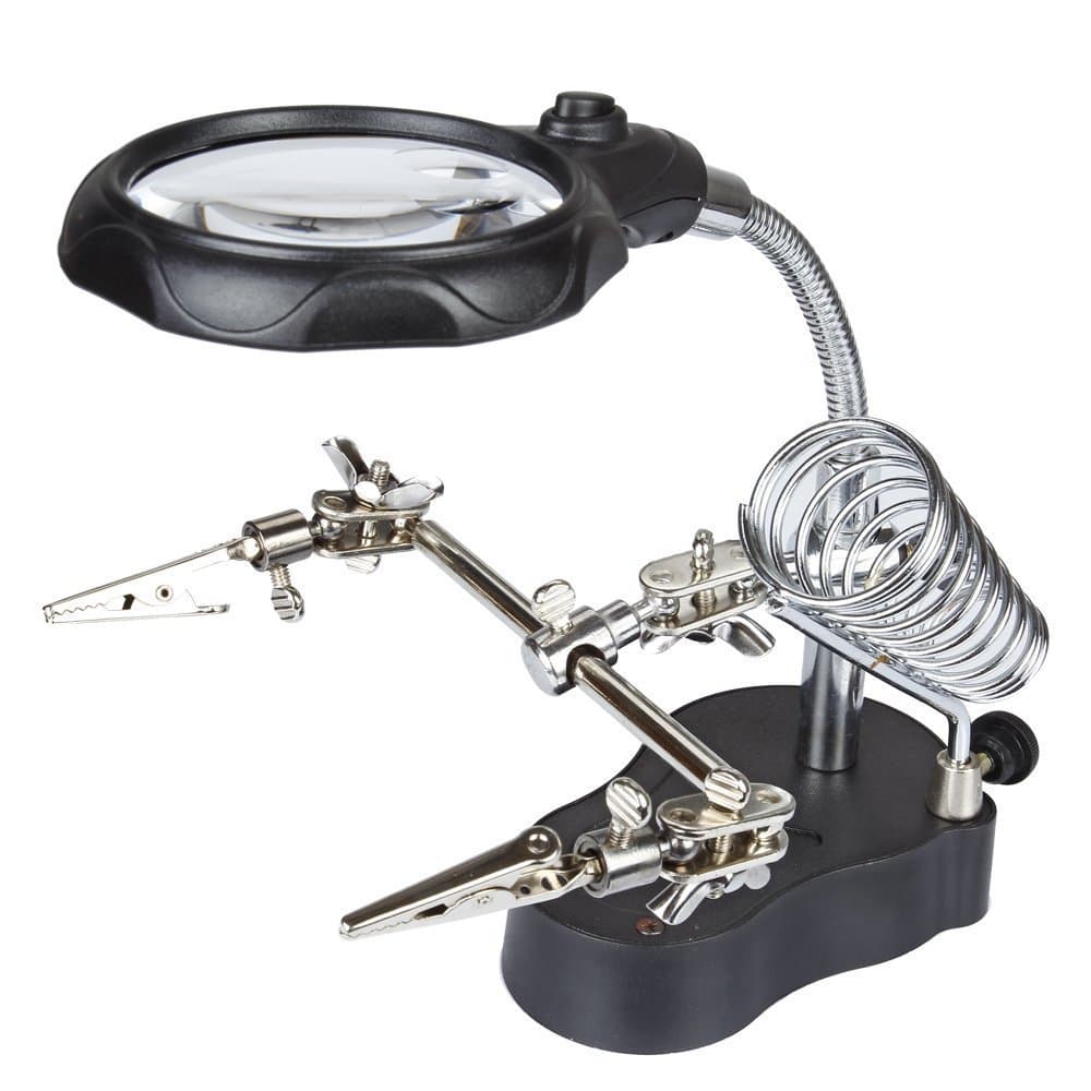Helping Hand Magnifier Soldering Stand with 2 LED lights for PCB Soldering Work (35X / 12X 65mm / 17mm Lens, Dual-Mode)