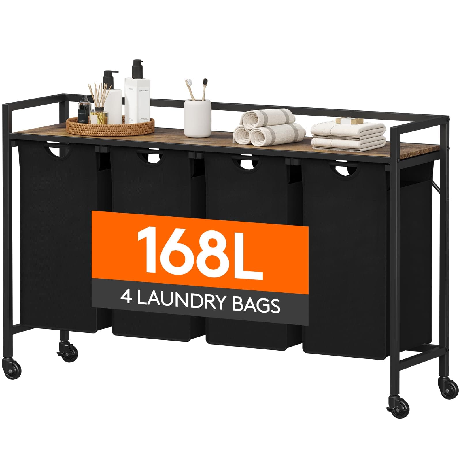 Lifewit Laundry Hamper 4 Section, 168L Pull out Laundry Clothes Basket Organizer with Large Top Shelf and 4 Removable Bags and Handles for Laundry Room Bedroom Bathroom, Black with Wheels