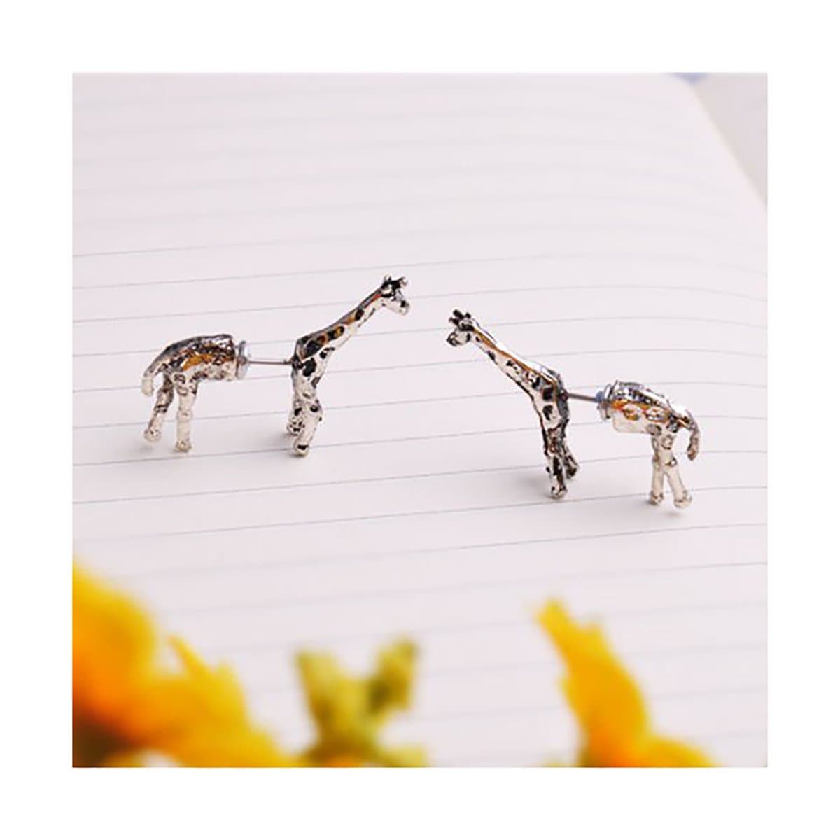 Uisex Front Back 3d Giraffe Animal Pierced Ear Studs Earrings Tibetan Silver