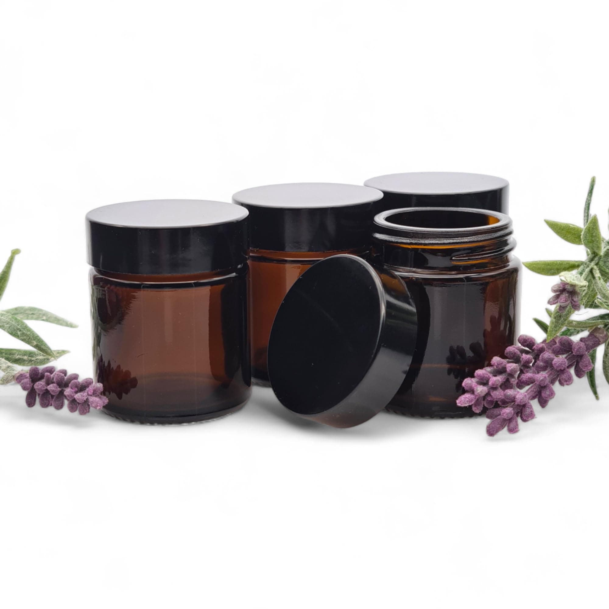 30ml Amber Glass Jars with Black Urea EPE Lined Lids (Pack of 4). Suitable for Aromatherapy, Creams, Gels, Serums, Wax, Ointments, First Aid etc