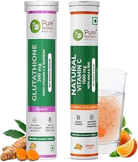 Pure Nutrition L Glutathione 500mg Tablets with Vitamin C from Amla Extract | Combo Pack for Skin Health - 15 + 20 Effervescent Tablet