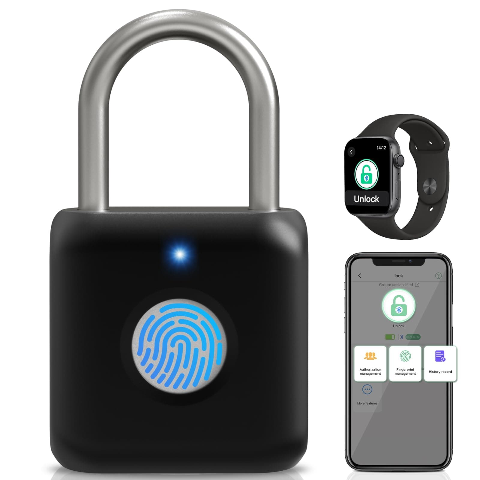 Pothunder Fingerprint Padlock, Padlock, Locker Lock, Combination Lock, Fingerprint Lock with APP Unlock, USB Rechargeable, Suitable for Gym Locker, Gate, Door, Locker(Black)