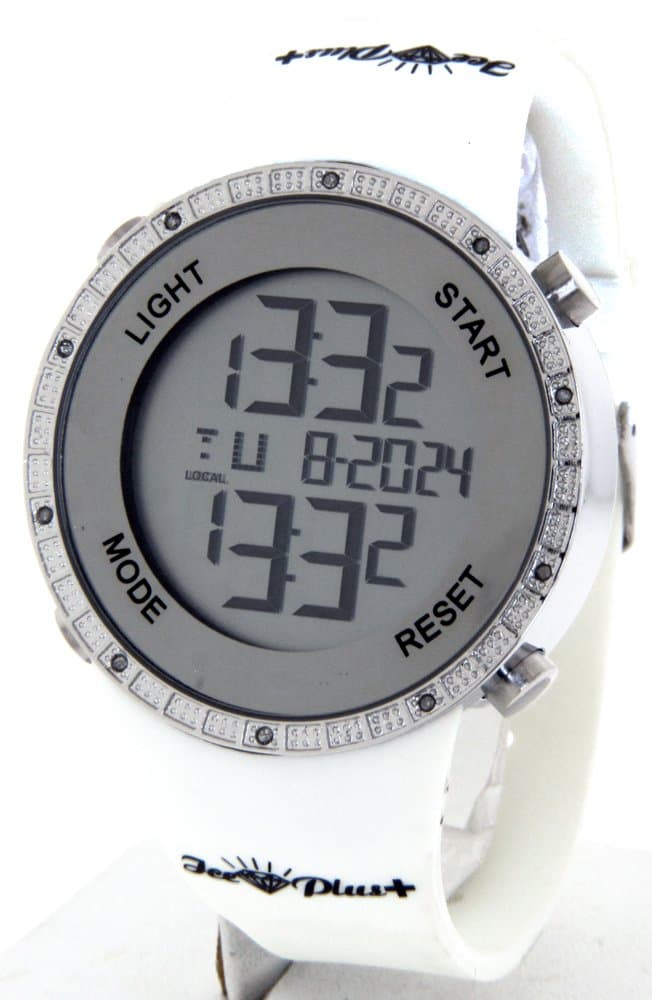 Ice Plus Mens Digital Diamond Watch Silver Case White Band GU4