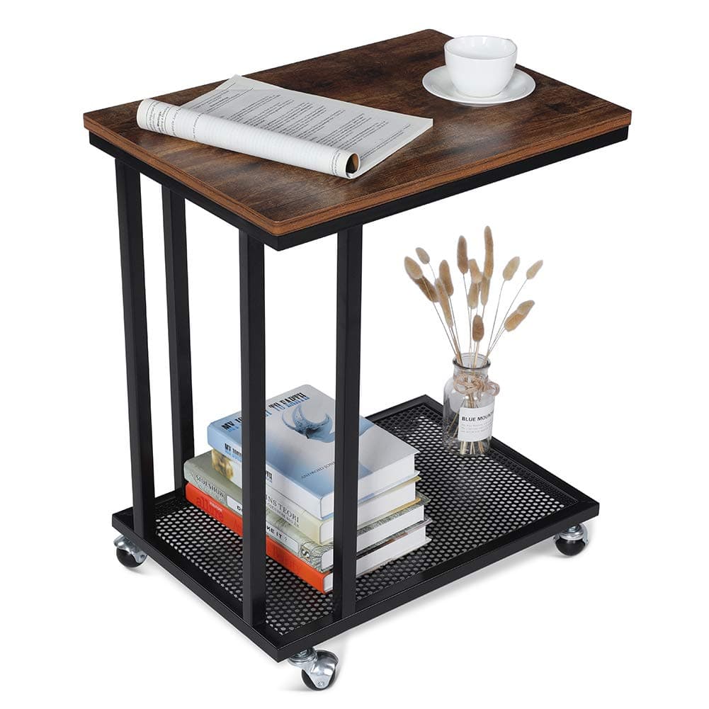Sofa Side End Table, Mobile C Shaped Side Table Laptop Holder, Modern Side Table/End Table/Night Stand/Coffee Table, Snack Table with Metal Frame and Rolling Casters, Dark Walnut