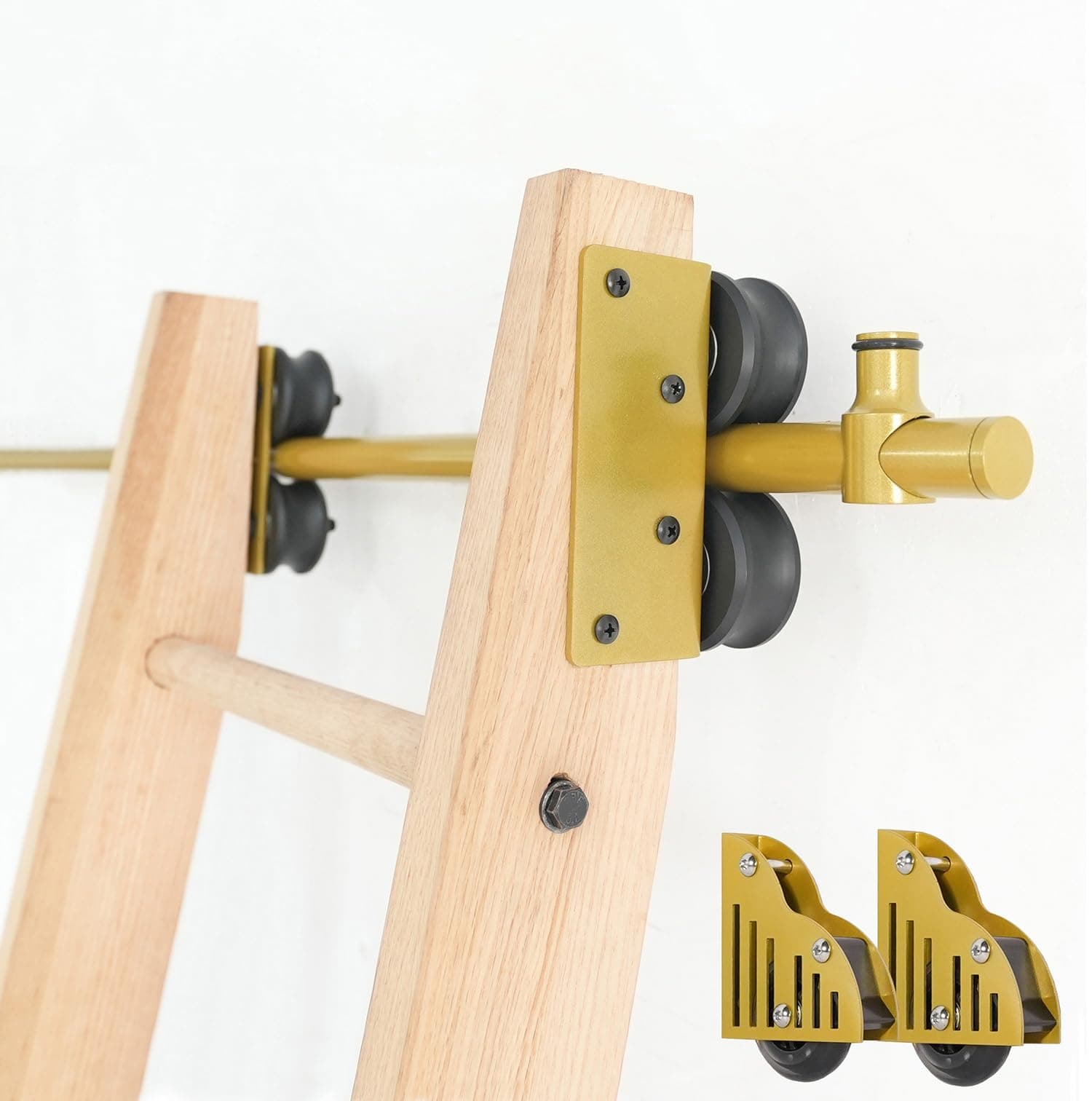 DIYHD 20FT Sliding Library Hardware Rolling Full Set Track Kit(No Ladder), Floor Roller with Brake,Golden Surface