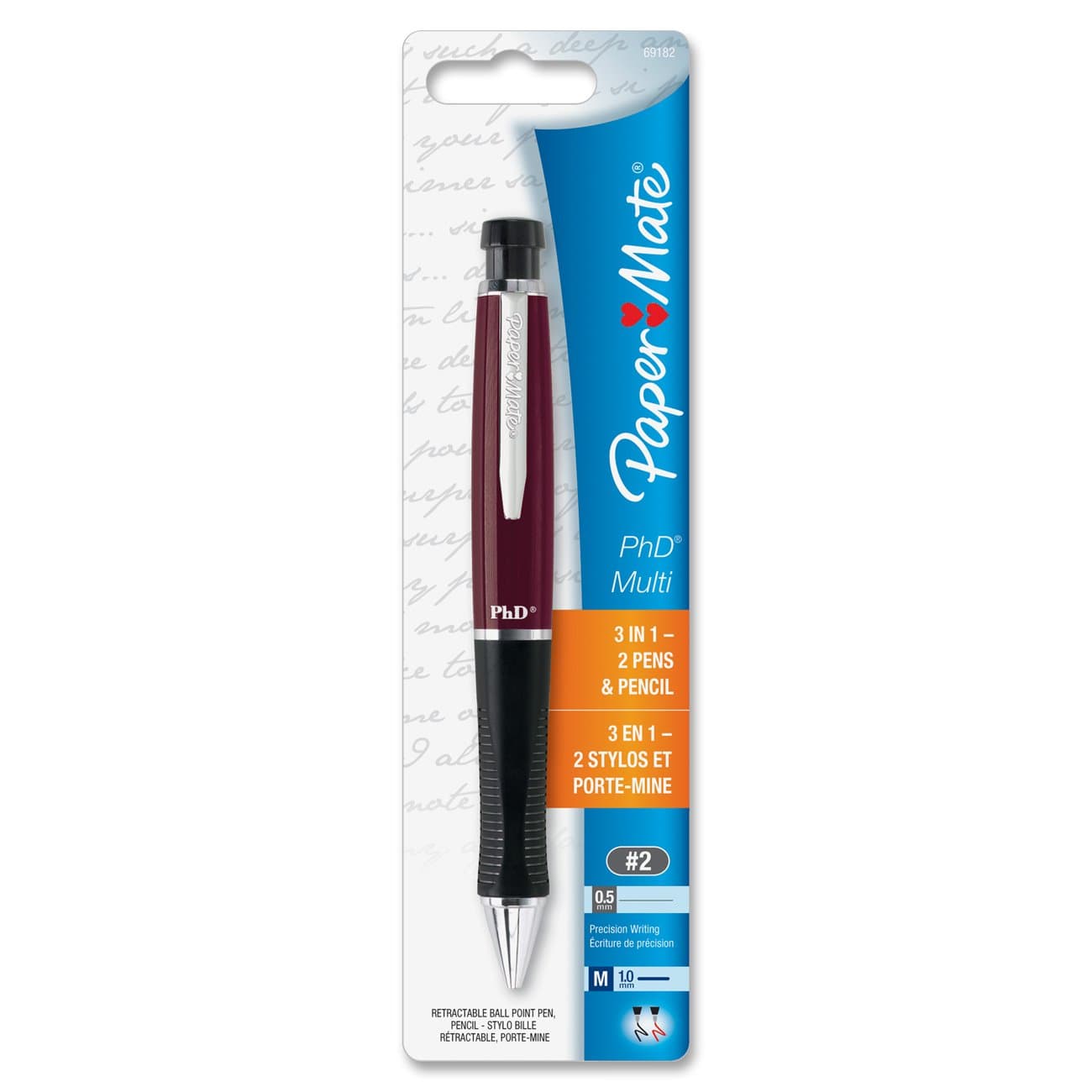 Paper Mate PhD Multi 3-in-1 Retractable Ballpoint Pen and Pencil, Color May Vary (69182)